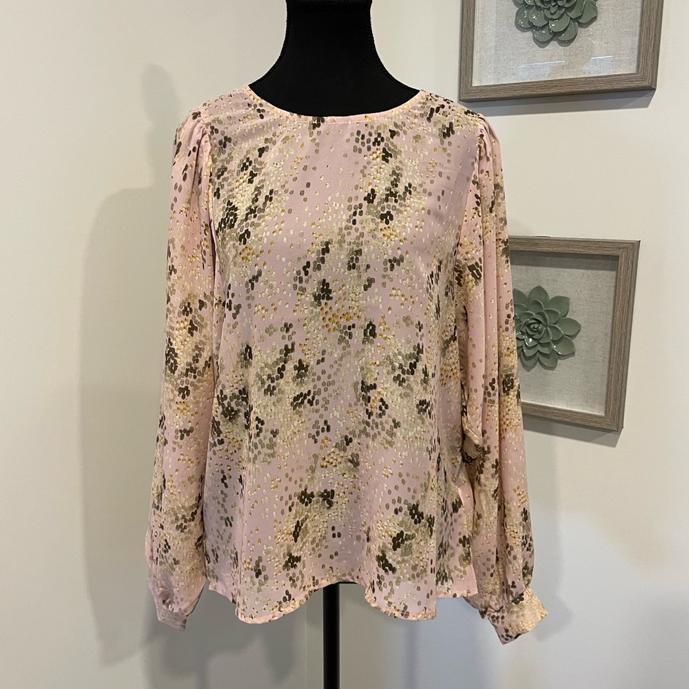 Hope & Harlow Pink & Brown Abstract Print Sheer Blouse With Balloon Sleeves EUC